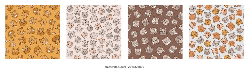 Set of simple seamless pattern with cat's faces close up with different emotions. Cute print with hand drawn doodle kitten. Cute wallpaper print for trendy fabric design. Creative background