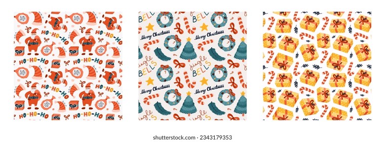 Set of simple seamless pattern with Christmas doodles. Cute print with hand drawn winter clipart. Cute wallpaper print for fabric design with symbols of Christmas and New Year. Creative background.