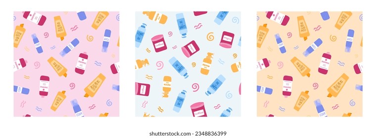 Set of simple seamless pattern with cosmetic products. Cute print with hand drawn doodles with bottles for hair curly hair routine. Cute wallpaper print for fabric design. Creative background