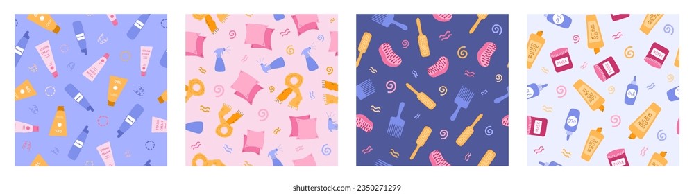Set of simple seamless pattern with cosmetic products. Cute print with hand drawn doodles with bottles for hair curly hair routine. Cute wallpaper print for fabric design. Creative background
