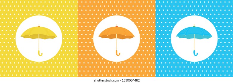 Set of simple seamless pattern with umbrella in circle on polka dot background. Cartoon in flat design for children's textile poster invitation card flyer banner template and other printing.