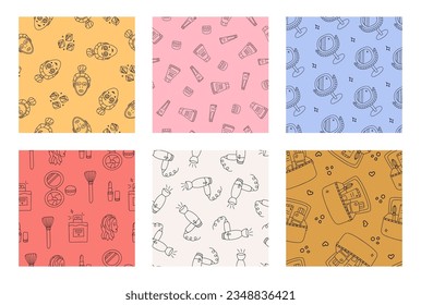 Set of simple seamless pattern with woman cosmetic products. Cute print with hand drawn doodles about skincare. Cool wallpaper print for trendy fabric design. Creative beauty background.