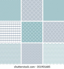 Set with simple seamless patterns. Background with waves. Vector illustration.