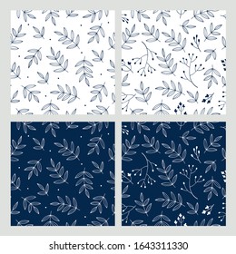 Set of simple seamless patterns with decorative leaves. Floral backgrounds for textile, fabric manufacturing, wallpaper, covers, surface, print, gift wrap, scrapbooking.