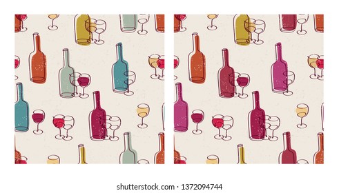 Set of simple seamless patterns with hand drawn bottles of wine glasses. Background for restaurant, bar menu, party, alcohol drinks, wrapping paper, textile, wallpapers and scrapbook. Vector.