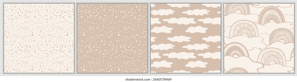Set of simple seamless patterns. Hand drawn ornaments. Polka dot background. Clouds and rainbow print. Vector illustration.