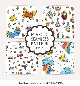Set of simple seamless patterns with hand drawn elements: stars, dots, gems, comets, clouds, rainbow, butterfly, potions.