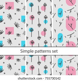 A set of simple seamless patterns, hand-drawn stylized natural elements in combination with simple geometric shapes.