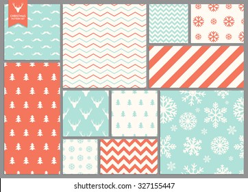 Set of simple seamless retro Christmas colorfull patterns