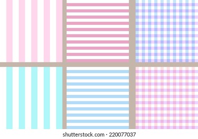 A set of simple seamless striped and chequered patterns of blue and pink.
