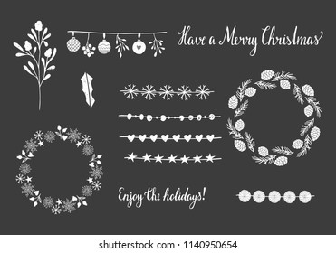 Set of simple seasonal garlands and dividers. Hand drawn winter lettering. Isolated vintage Christmas elements.
