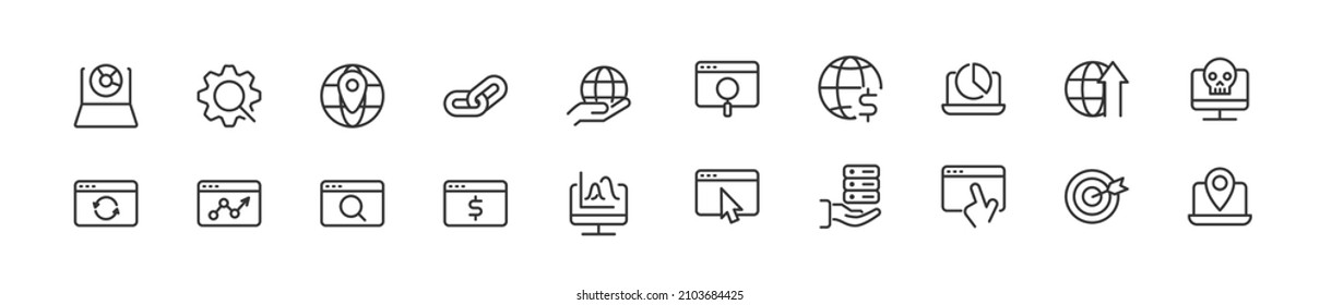 Set von einfachen seo-line Symbolen. Strich-Objekt in Umrissen. Paket mit linearen Schildern. Perfekt für Web-Apps und mobile Anwendungen.