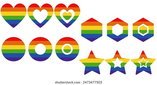 Set of simple shapes with color in pride style, rainbow symbols of heart, circle, hexagon and star for design vector illustration