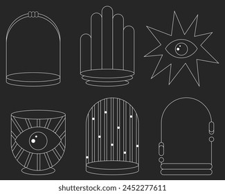 A set of simple shapes in the form of arches, a glass, a star in the style of the 2000s on a dark background.