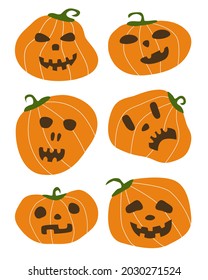 Set of simple shapes Halloween color pumpkins. Flat style scary fear orange pumpkins with dark eyes and mouth vector illustration