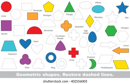 Set Of Simple Shapes In Vector To Be Traced. Restore Dashed Line And Color The Picture. Trace Game For Children.