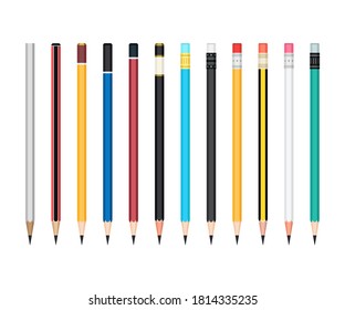 Set of simple sharpened graphite pencils in colored wooden cases with rubber and without. Office and school writing or drawing stationery collection. Vector illustration isolated on white background 