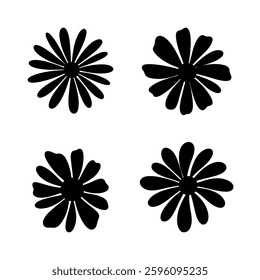 A set of simple silhouette of a daisy flower, hand-drawn, isolated on white, vector illustration. Floral botanical black element for decoration, celebration, design. Graphic beautiful icons 
