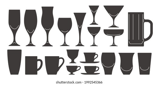 A set of simple silhouette illustrations of glasses and cups