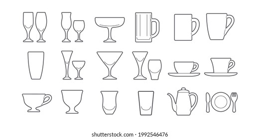 Eine Reihe einfacher Silhouette-Illustrationen von Gläsern und Tassen