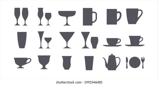 Eine Reihe einfacher Silhouette-Illustrationen von Gläsern und Tassen