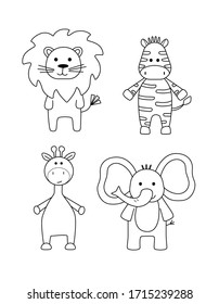 A set of simple silhouettes of cartoon animals, Zebra, lion, giraffe, elephant. Primitive outline, funny toy, fantasy. Cute coloring book for small children, vector illustration.