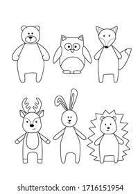 A set of simple silhouettes of cartoon animals, hare, Fox, deer, owl, bear, hedgehog. A primitive outline, a fun toy, a fantasy. Cute coloring book for small children, vector illustration.
