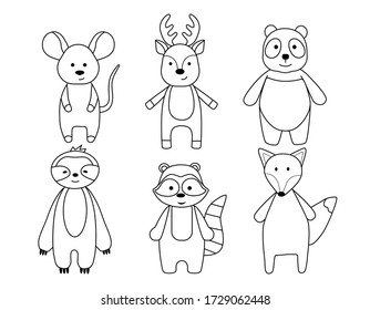 A set of simple silhouettes of cartoon animals, mouse, Fox, Panda, deer, sloth and raccoon. A primitive outline, a fun toy, a fantasy. Cute coloring book for small children, vector illustration.