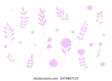 Conjunto de siluetas simples de flores, plantas, botánica. Delicada Ilustración vectorial púrpura aislada sobre fondo blanco