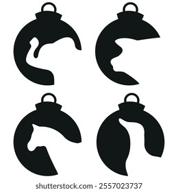 set of simple silhouettes of New Year's balls with silhouettes of various animals, namely with a horse, an elephant, a pig and a duck