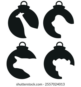 set of simple silhouettes of New Year's balls with silhouettes of various animals, namely with a giraffe, a lion, a buffalo and a cow