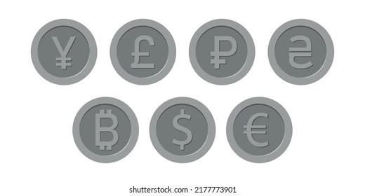 Set of simple silver coins with signs and symbols of different currencies. Decorative element,  gray metallic currency coin, finance and investment. Vector isolated money illustrations, iron coins set