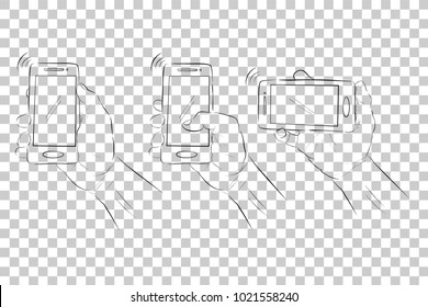Set Simple Sketch of Hand Holding Smartphone at Transparent Effect Background 
