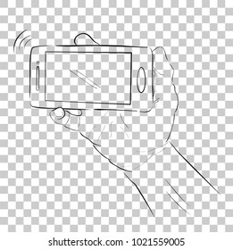 Set Simple Sketch of Hand Holding Smartphone at Transparent Effect Background 