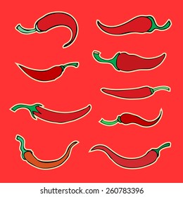 Set simple sketch icon peppers isolated on white background. Doodle, cartoon drawing illustration.