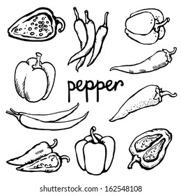 Set simple sketch icon red hot chili peppers and bell peppers black line isolated on white background. Doodle, cartoon drawing illustration. Vegetables. Abstract design logo. Logotype art - vector