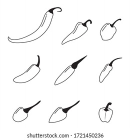 Set simple sketch icon red hot chili peppers and bell peppers. Doodle, cartoon drawing illustration.