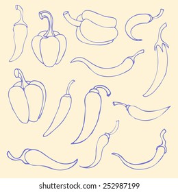 Set simple sketch icon red hot chili peppers and bell peppers. Doodle, cartoon drawing illustration.