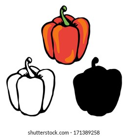 Set simple sketch icons bell peppers isolated on white background. Vegetables. Food. Hand drawn. Silhouette, color, line art. Abstract design logo. Logotype art - vector