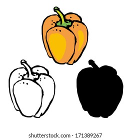 Set simple sketch icons bell peppers isolated on white background. Vegetables. Food. Hand drawn. Silhouette, color, line art. Abstract design logo. Logotype art - vector