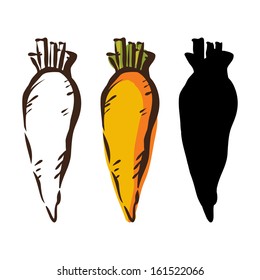 Set simple sketch icons carrots isolated on white background. Vegetables. Food. Hand drawn. Silhouette, color, line. Abstract design logo. Logotype art - vector