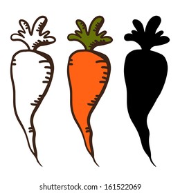 Set simple sketch icons carrots isolated on white background. Vegetables. Food. Hand drawn. Silhouette, color, line. Abstract design logo. Logotype art - vector