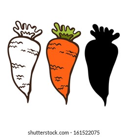 Set simple sketch icons carrots isolated on white background. Vegetables. Food. Hand drawn. Silhouette, color, line. Abstract design logo. Logotype art - vector