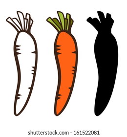 Set simple sketch icons carrots isolated on white background. Vegetables. Food. Hand drawn. Silhouette, color, line art - vector