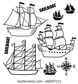 Set of simple sketch illustrations of old sailboats, pirate ships with a sail, vector, black white isolated for design