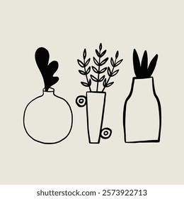 Set Simple Sketch Vase with Flower and Plant. Whimsical Black Line Collection Different Pottery Clay Pot. Vector Hand Drawn Illustration