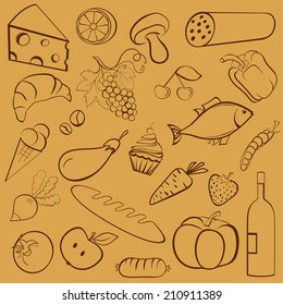 Set of simple sketch-style products, vegetables and fruits