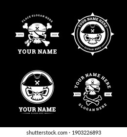 Set of Simple Skull Pirate Hat Bandana Bone Black and White Logo Designs for boating
