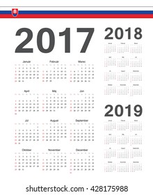 Set of simple Slovak 2017, 2018, 2019 year vector calendars. Week starts from Sunday.