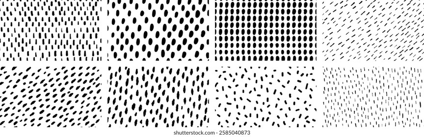 Set of simple small dash seamless patterns on white background.